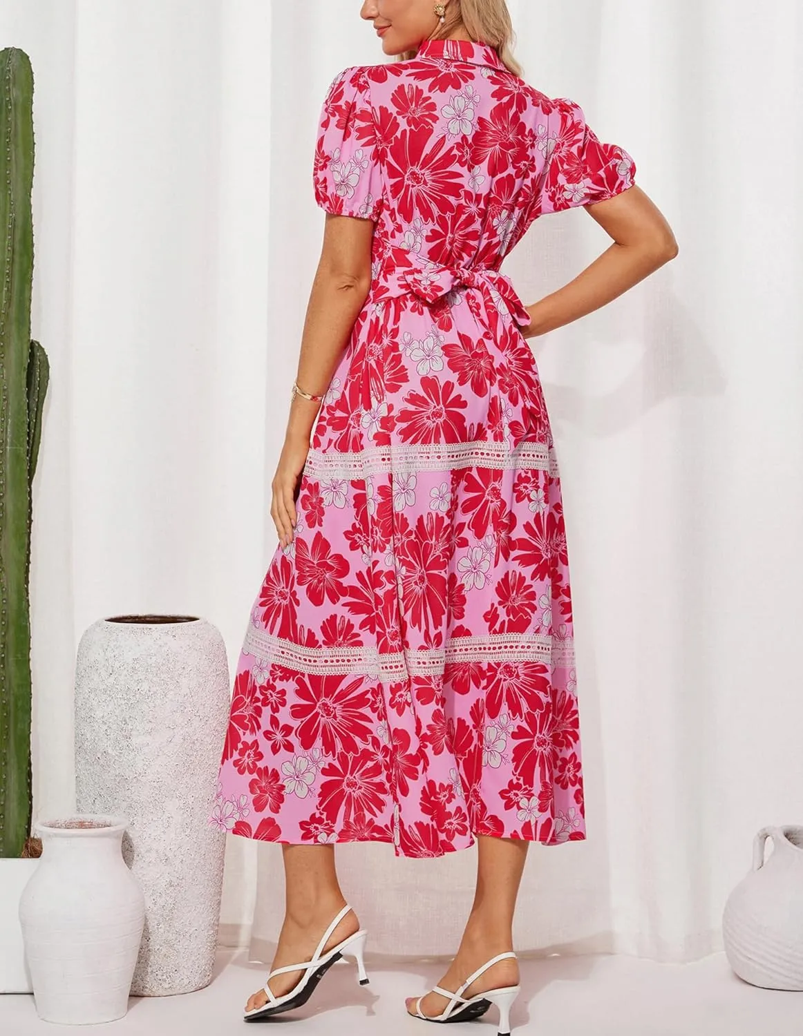 GRACE KARIN Women's 2025 Summer Floral Flowy Dresses Boho Tie Belt Short Puff Sleeve A Line Maxi Shirt Dress with Pocket