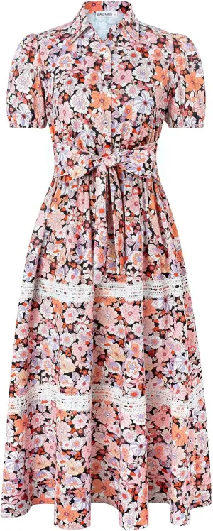 GRACE KARIN Women's 2025 Summer Floral Flowy Dresses Boho Tie Belt Short Puff Sleeve A Line Maxi Shirt Dress with Pocket