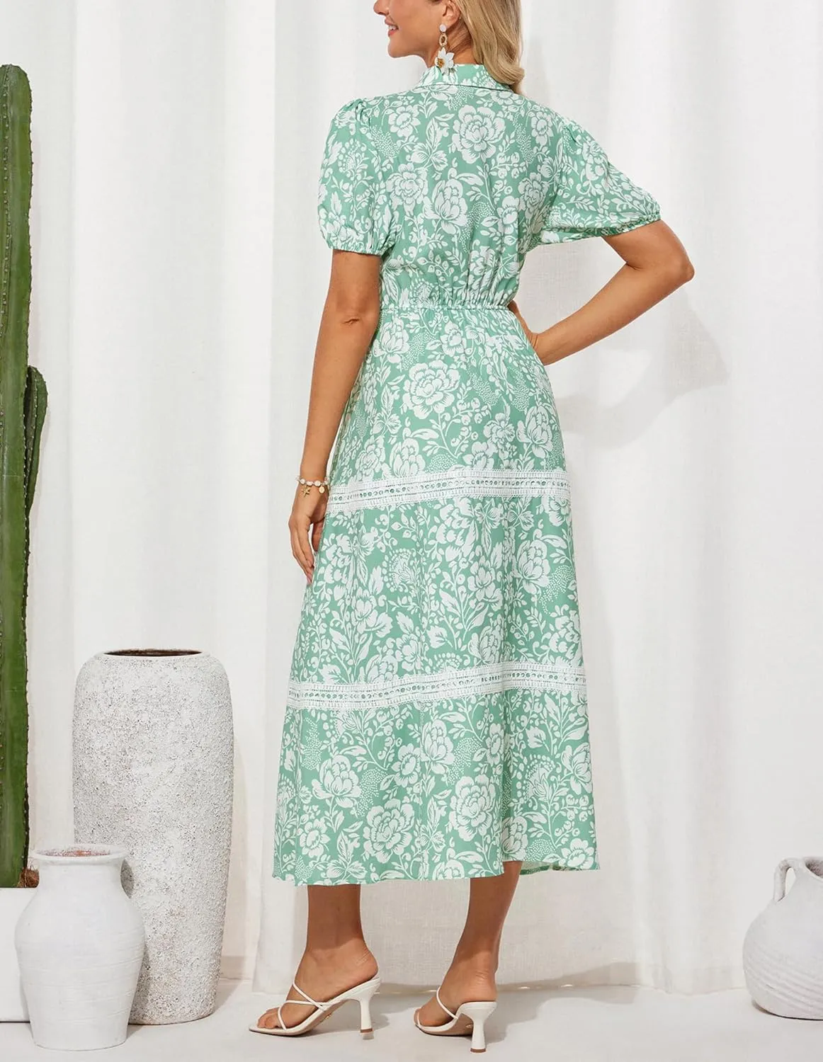 GRACE KARIN Women's 2025 Summer Floral Flowy Dresses Boho Tie Belt Short Puff Sleeve A Line Maxi Shirt Dress with Pocket
