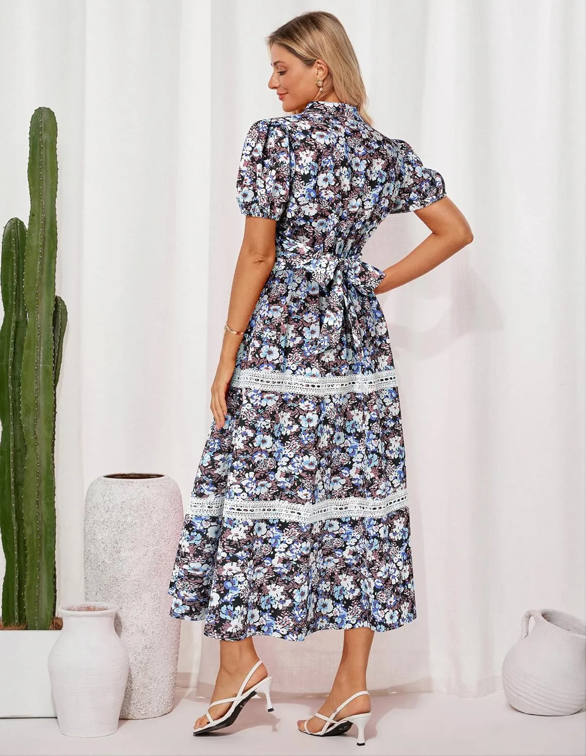 GRACE KARIN Women's 2025 Summer Floral Flowy Dresses Boho Tie Belt Short Puff Sleeve A Line Maxi Shirt Dress with Pocket