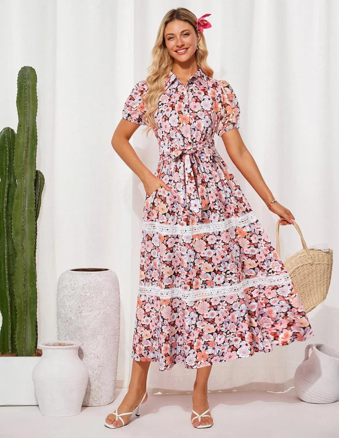 GRACE KARIN Women's 2025 Summer Floral Flowy Dresses Boho Tie Belt Short Puff Sleeve A Line Maxi Shirt Dress with Pocket