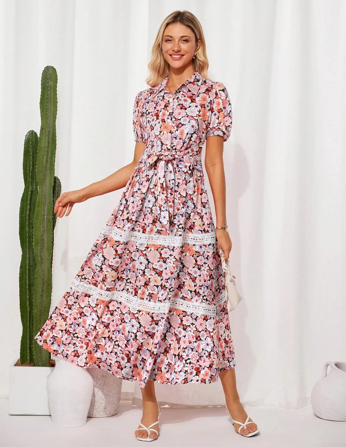 GRACE KARIN Women's 2025 Summer Floral Flowy Dresses Boho Tie Belt Short Puff Sleeve A Line Maxi Shirt Dress with Pocket