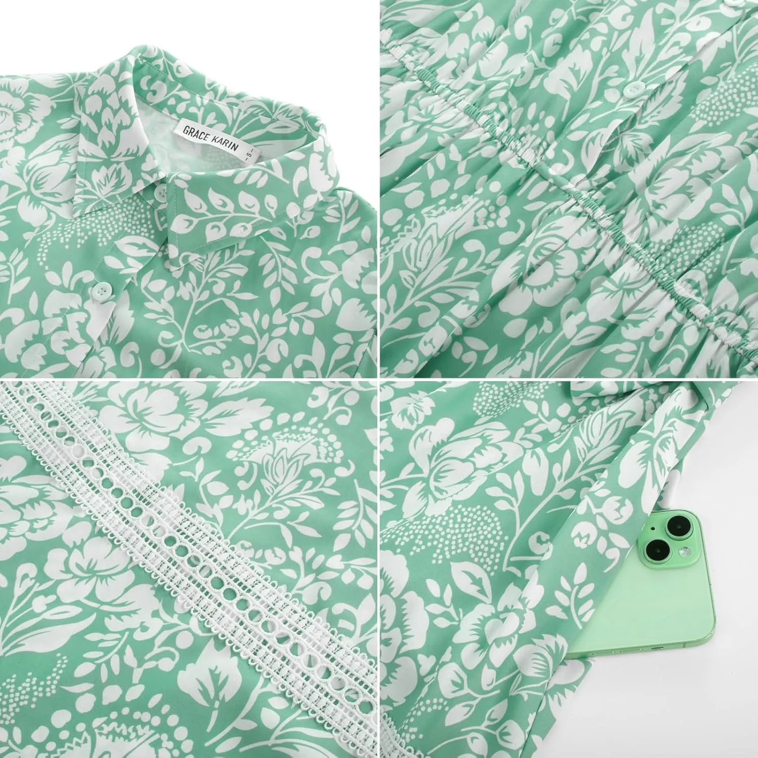 GRACE KARIN Women's 2025 Summer Floral Flowy Dresses Boho Tie Belt Short Puff Sleeve A Line Maxi Shirt Dress with Pocket