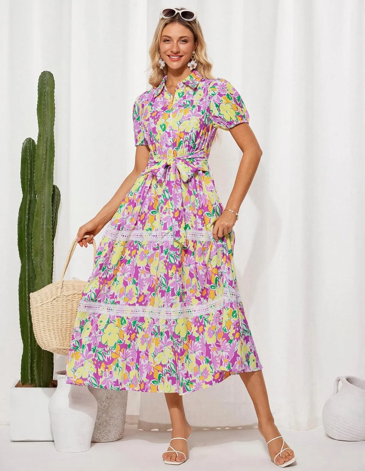 GRACE KARIN Women's 2025 Summer Floral Flowy Dresses Boho Tie Belt Short Puff Sleeve A Line Maxi Shirt Dress with Pocket