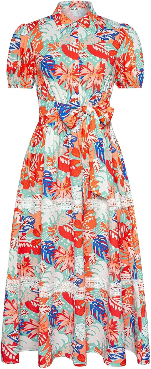 GRACE KARIN Women's 2025 Summer Floral Flowy Dresses Boho Tie Belt Short Puff Sleeve A Line Maxi Shirt Dress with Pocket
