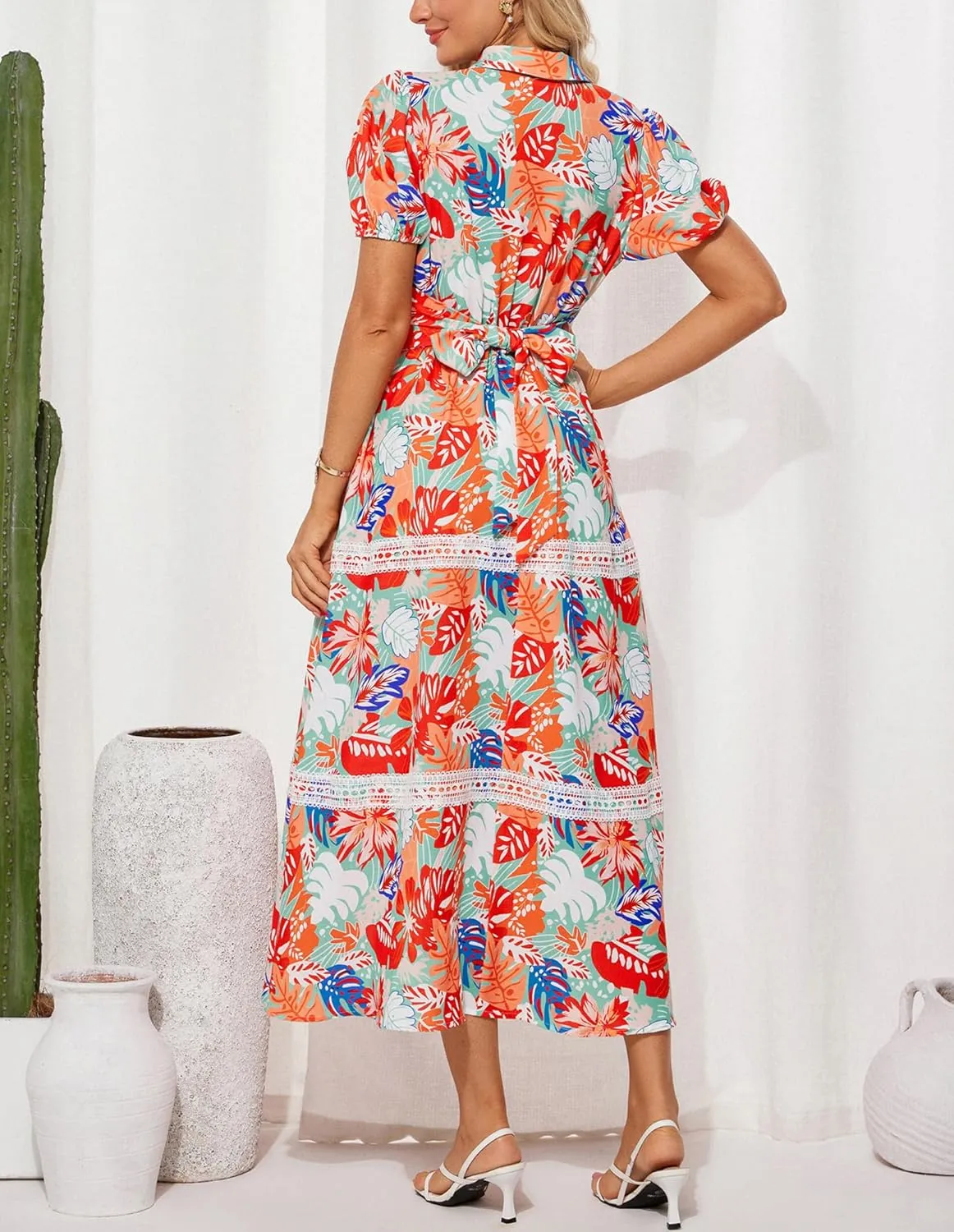 GRACE KARIN Women's 2025 Summer Floral Flowy Dresses Boho Tie Belt Short Puff Sleeve A Line Maxi Shirt Dress with Pocket