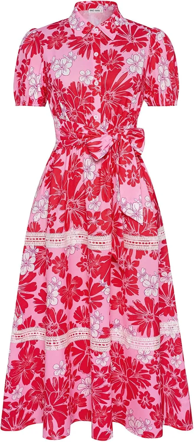 GRACE KARIN Women's 2025 Summer Floral Flowy Dresses Boho Tie Belt Short Puff Sleeve A Line Maxi Shirt Dress with Pocket