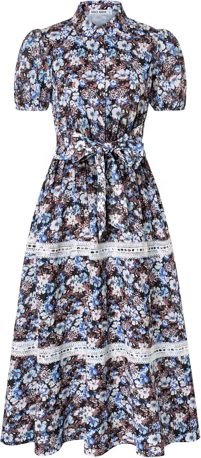 GRACE KARIN Women's 2025 Summer Floral Flowy Dresses Boho Tie Belt Short Puff Sleeve A Line Maxi Shirt Dress with Pocket