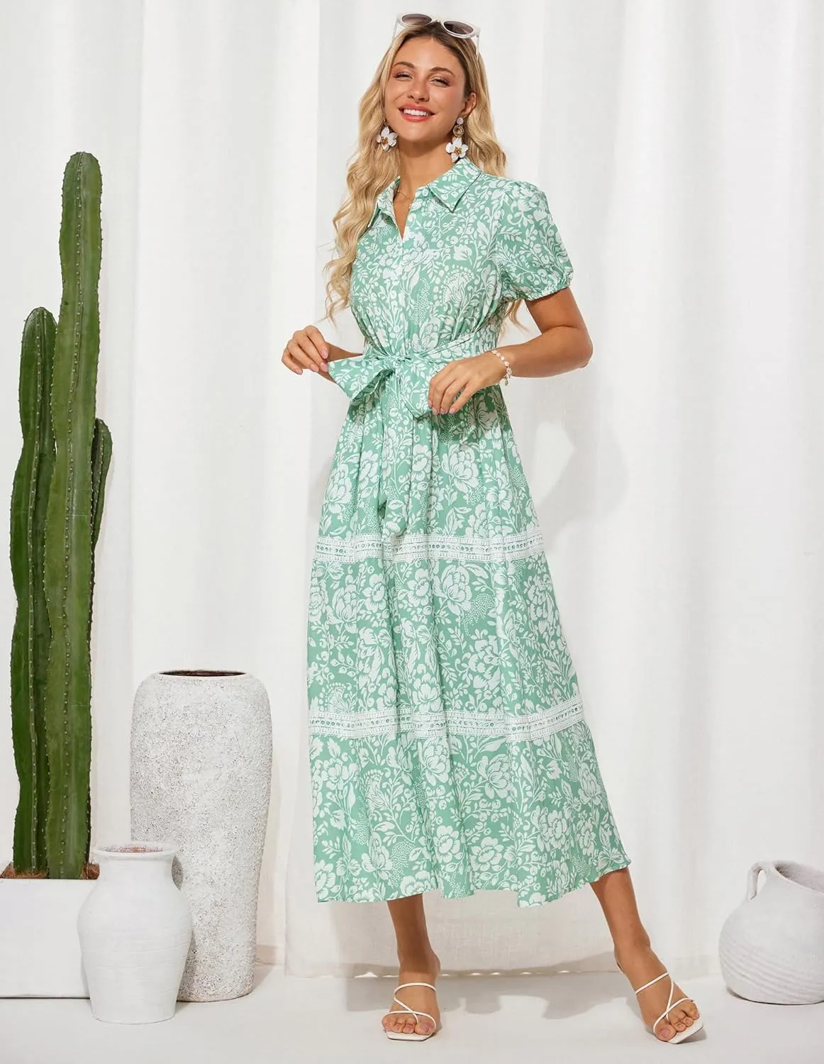 GRACE KARIN Women's 2025 Summer Floral Flowy Dresses Boho Tie Belt Short Puff Sleeve A Line Maxi Shirt Dress with Pocket