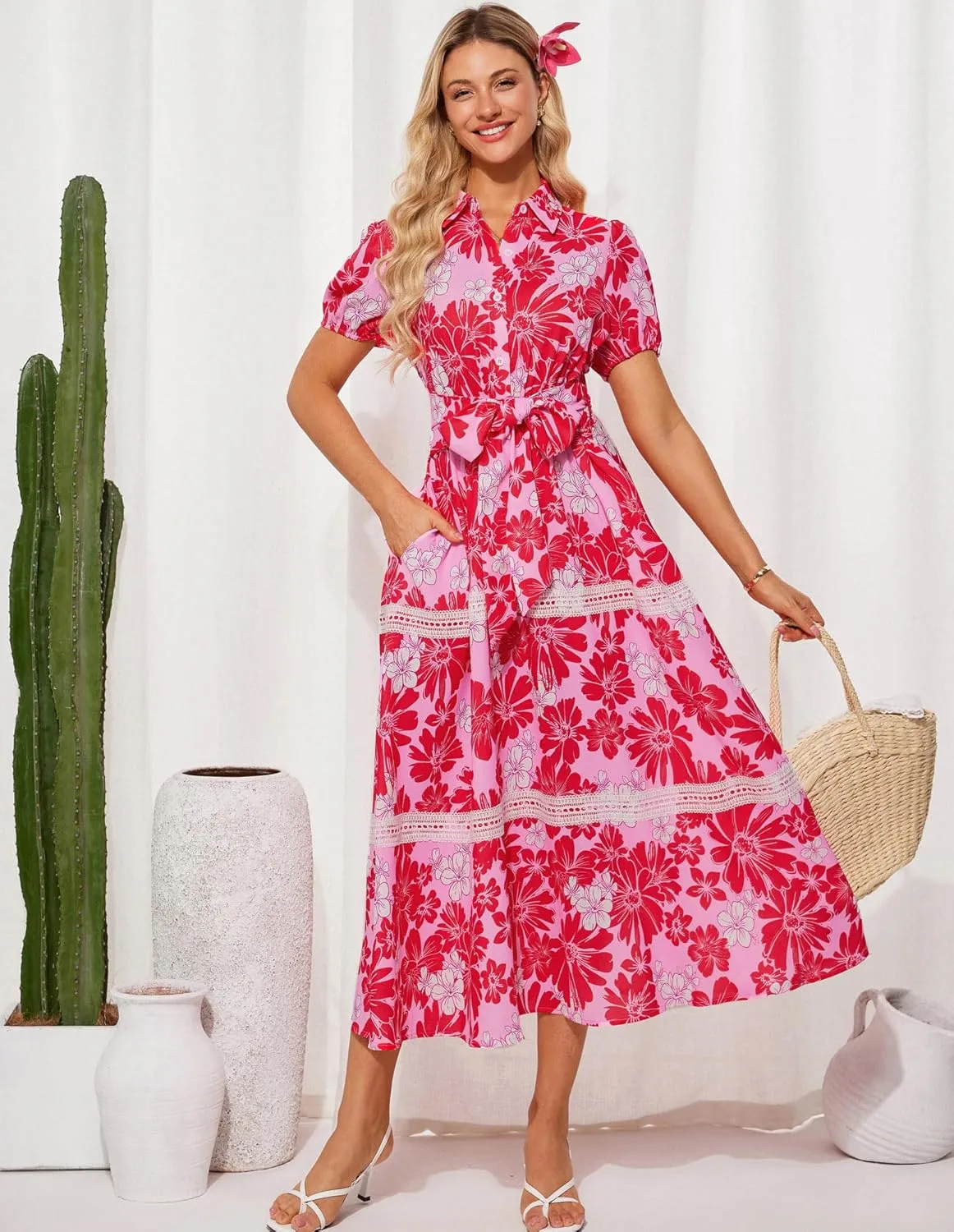 GRACE KARIN Women's 2025 Summer Floral Flowy Dresses Boho Tie Belt Short Puff Sleeve A Line Maxi Shirt Dress with Pocket