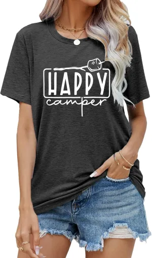 Happy Camper Shirts Womens Marshmallow Graphic Shirts Camping Casual Summer Tee Tops