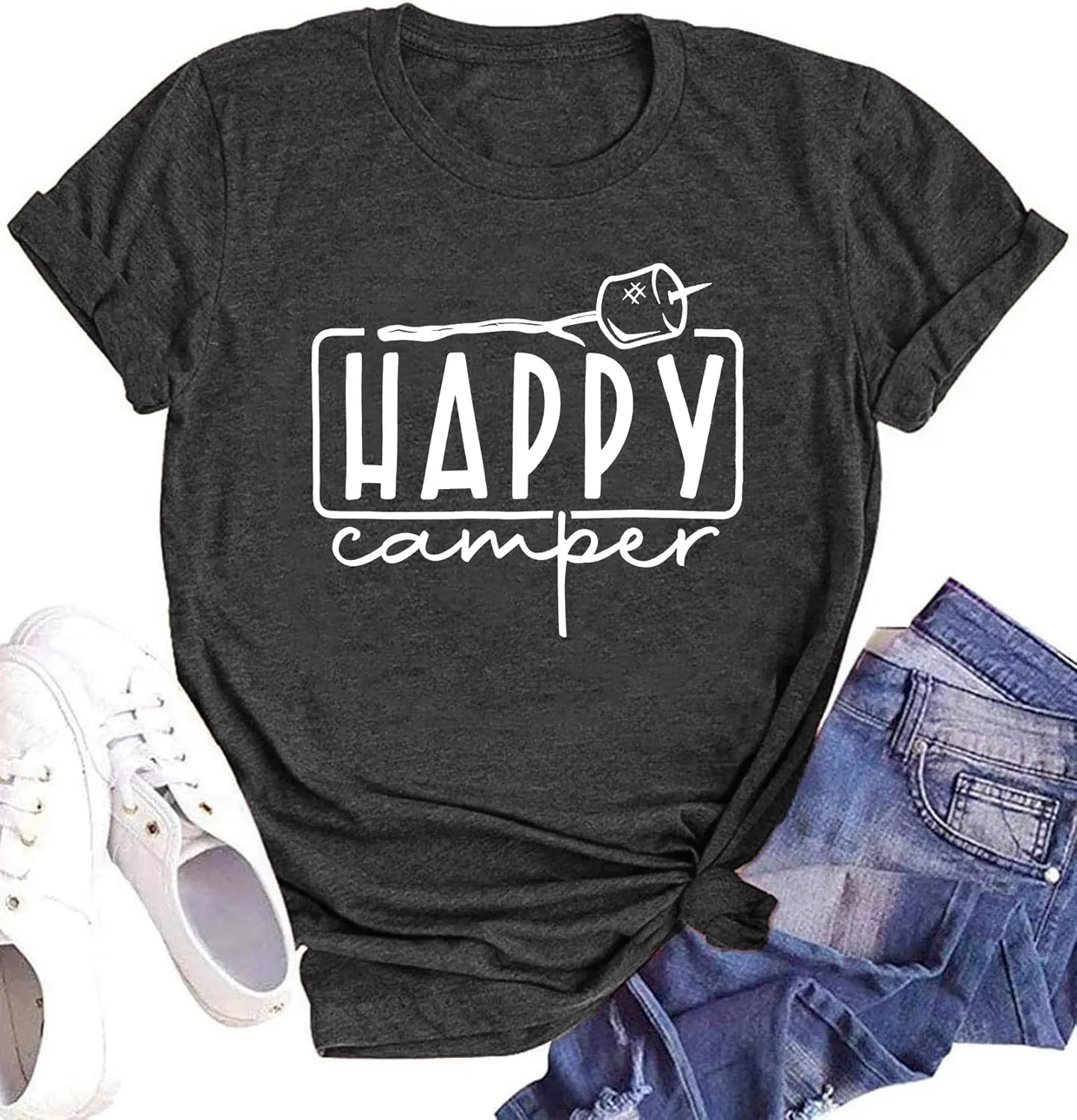 Happy Camper Shirts Womens Marshmallow Graphic Shirts Camping Casual Summer Tee Tops