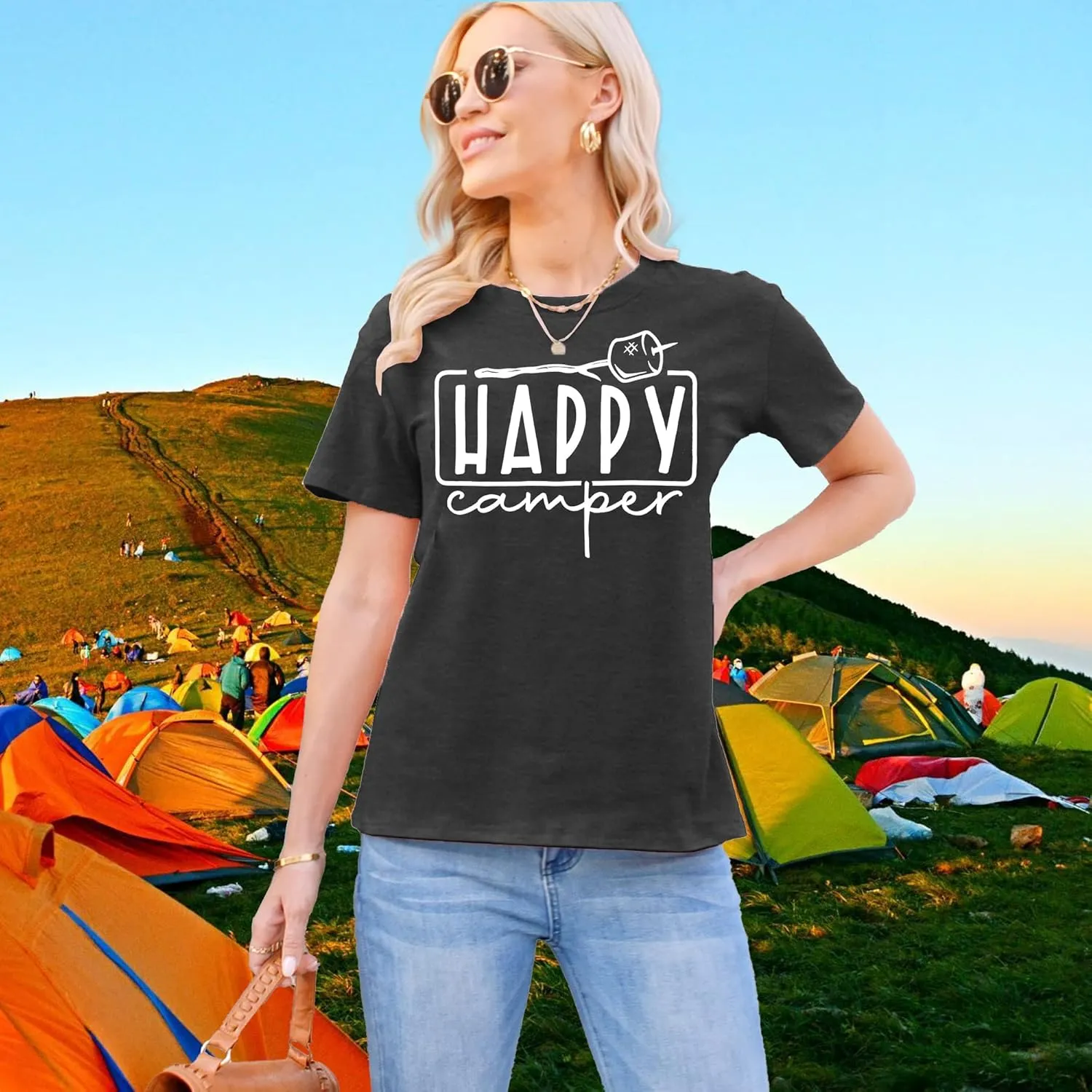 Happy Camper Shirts Womens Marshmallow Graphic Shirts Camping Casual Summer Tee Tops