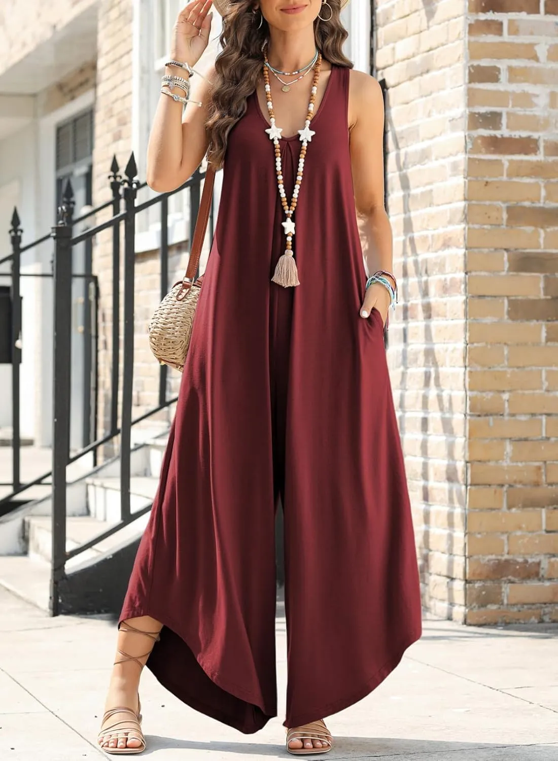 Happy Sailed Women's Jumpsuits Loose Overalls Summer Sleeveless Ruched V Neck Flared Wide Leg Pants Rompers with Pockets