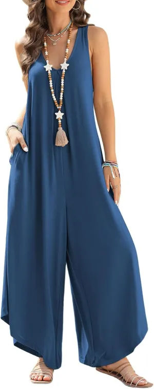 Happy Sailed Women's Jumpsuits Loose Overalls Summer Sleeveless Ruched V Neck Flared Wide Leg Pants Rompers with Pockets