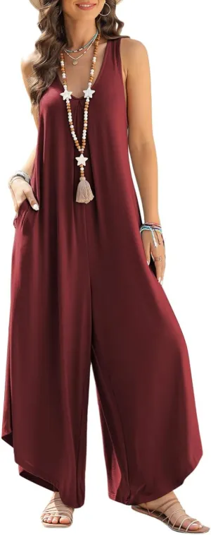Happy Sailed Women's Jumpsuits Loose Overalls Summer Sleeveless Ruched V Neck Flared Wide Leg Pants Rompers with Pockets