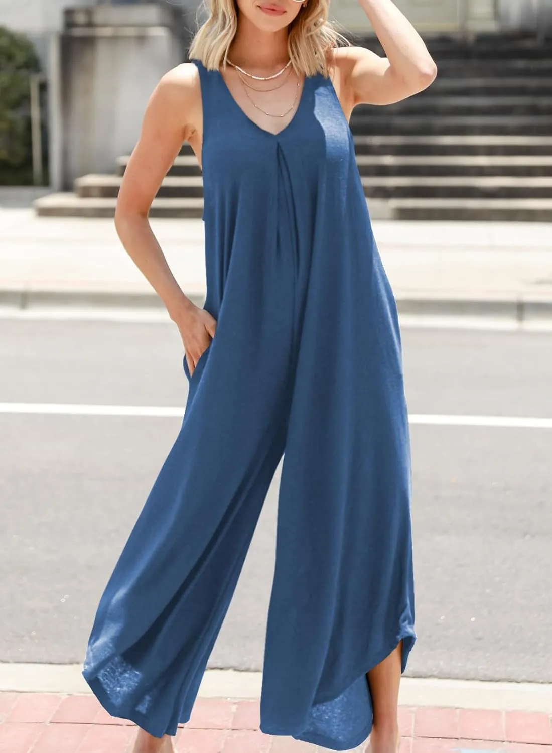 Happy Sailed Women's Jumpsuits Loose Overalls Summer Sleeveless Ruched V Neck Flared Wide Leg Pants Rompers with Pockets