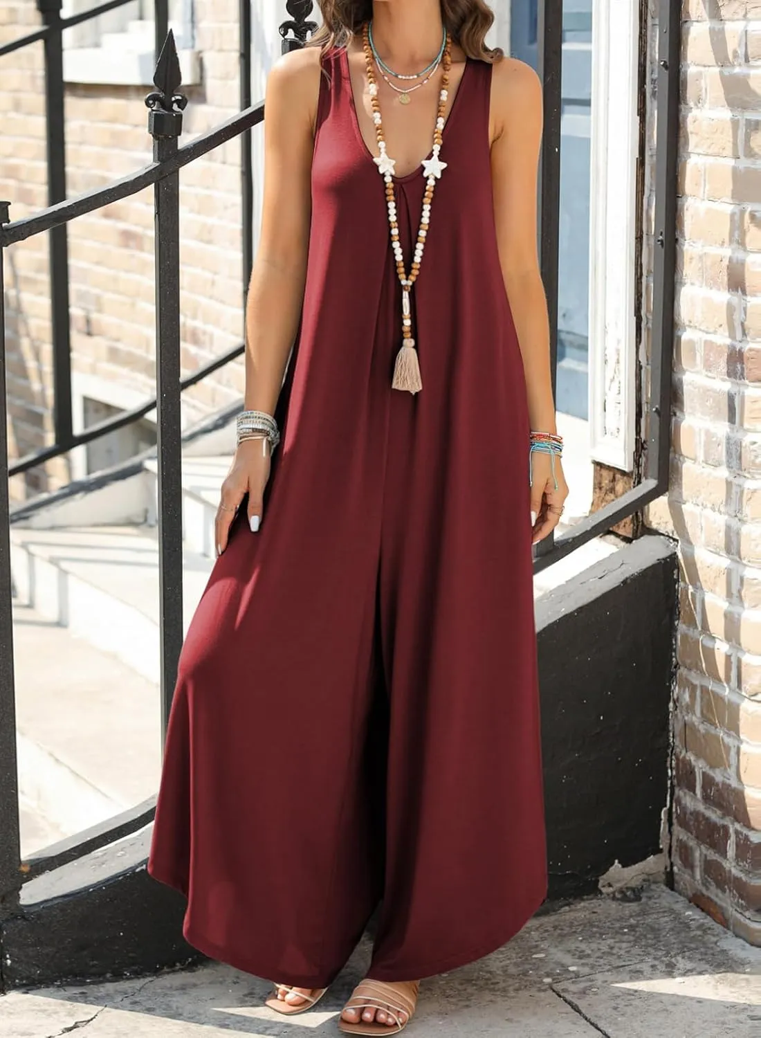Happy Sailed Women's Jumpsuits Loose Overalls Summer Sleeveless Ruched V Neck Flared Wide Leg Pants Rompers with Pockets