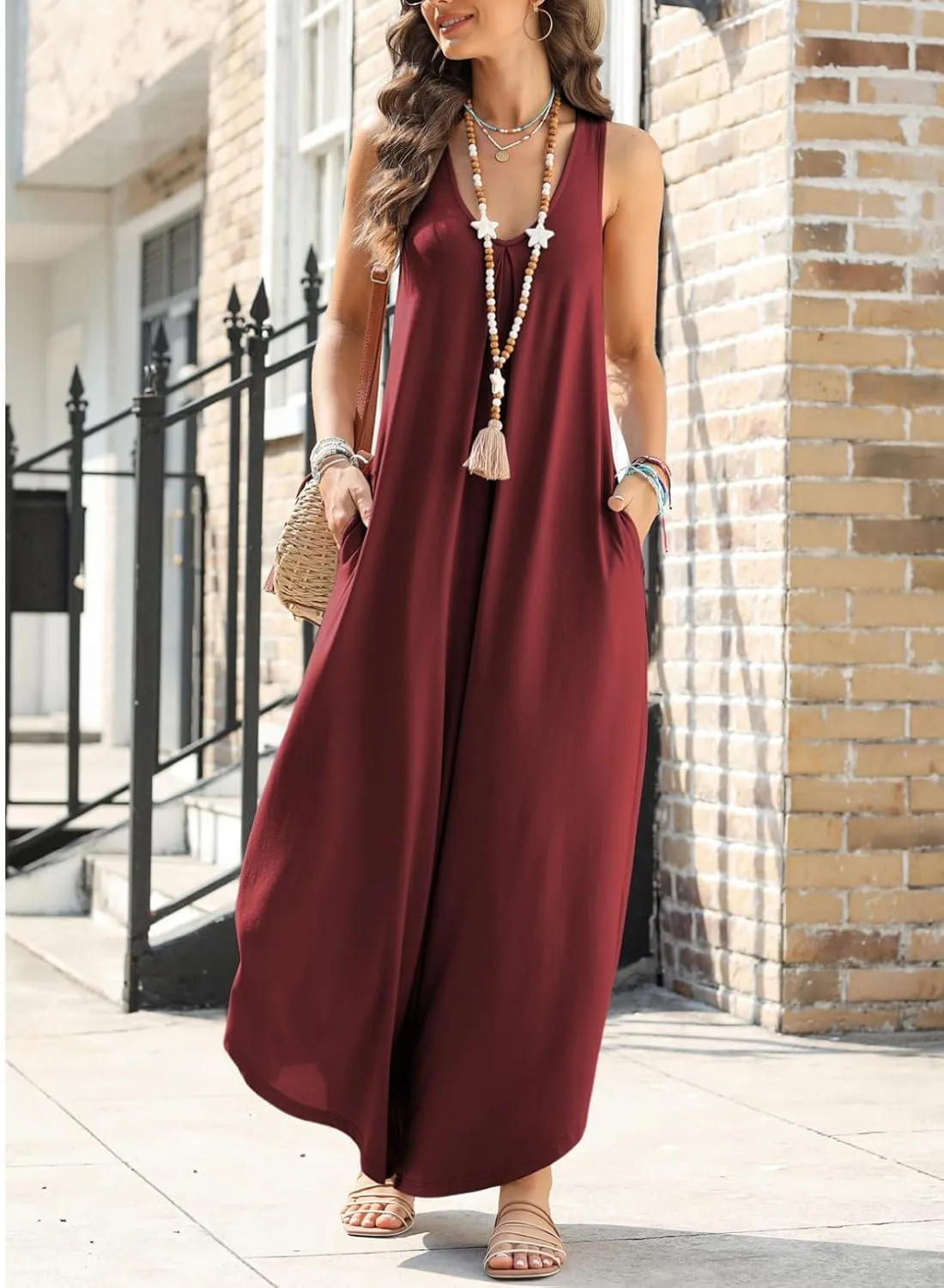 Happy Sailed Women's Jumpsuits Loose Overalls Summer Sleeveless Ruched V Neck Flared Wide Leg Pants Rompers with Pockets