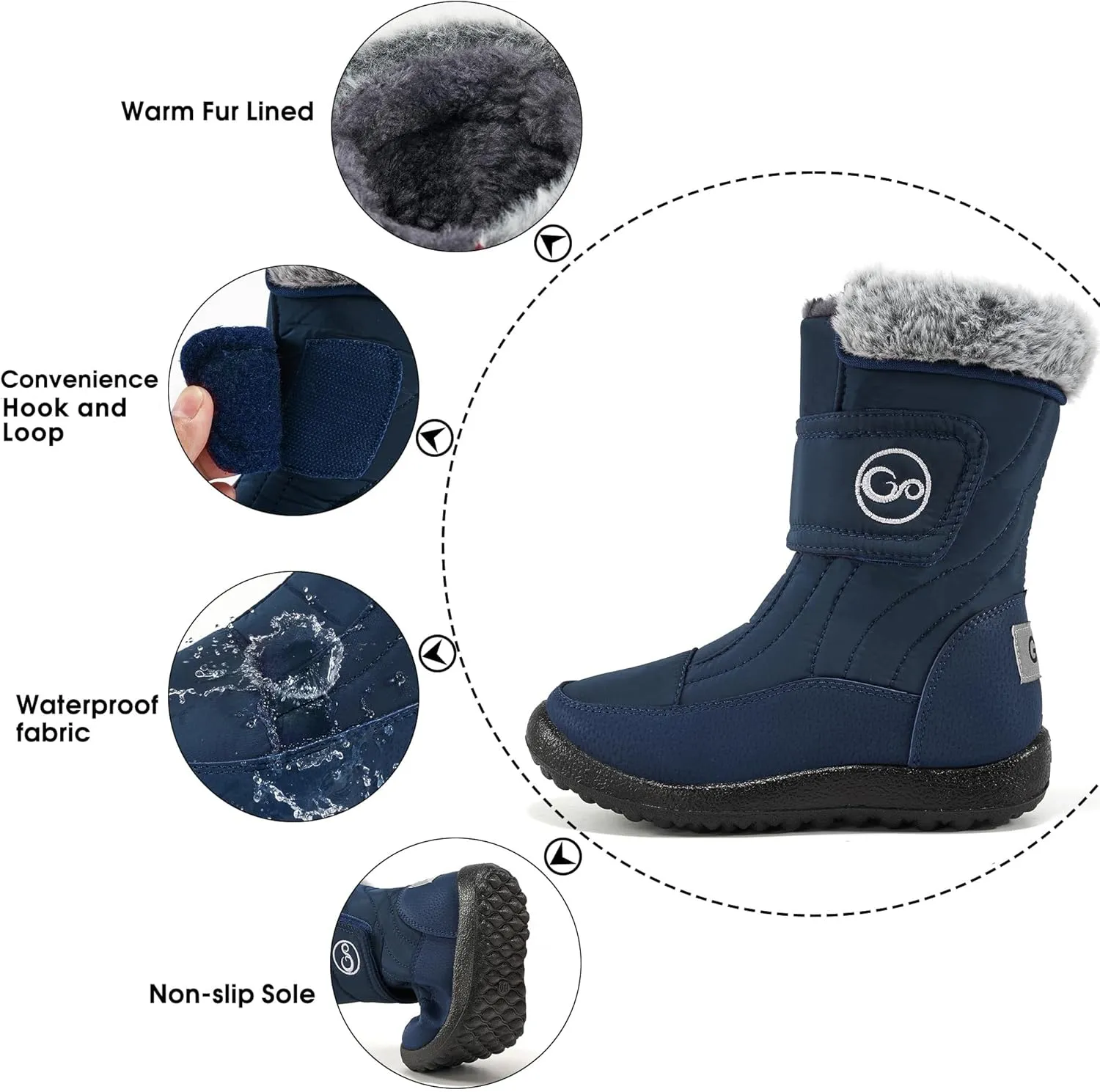 HARENCE Girls Boys Snow Boots: Comfortable Warm Fur Lined Toddler Winter Boot Hook Loop Outdoor Waterproof Slip on Boots for Kids