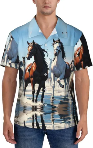 Hawaiian Shirts for Men Funny Mens Summer Short Sleeve Button Down Beach Shirts, Horses Crossing River