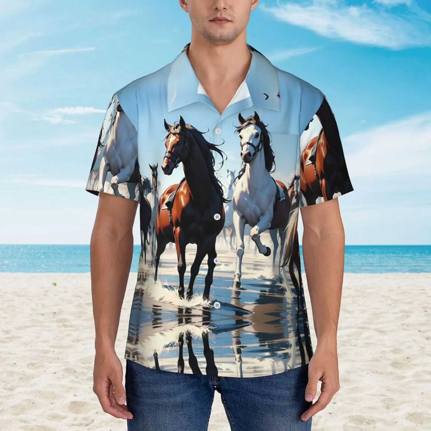 Hawaiian Shirts for Men Funny Mens Summer Short Sleeve Button Down Beach Shirts, Horses Crossing River