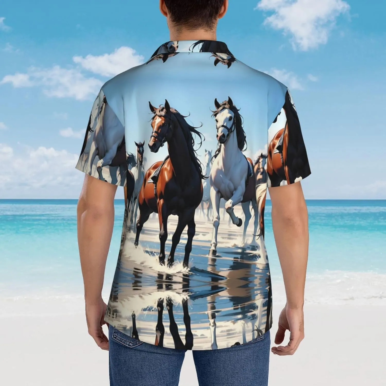 Hawaiian Shirts for Men Funny Mens Summer Short Sleeve Button Down Beach Shirts, Horses Crossing River