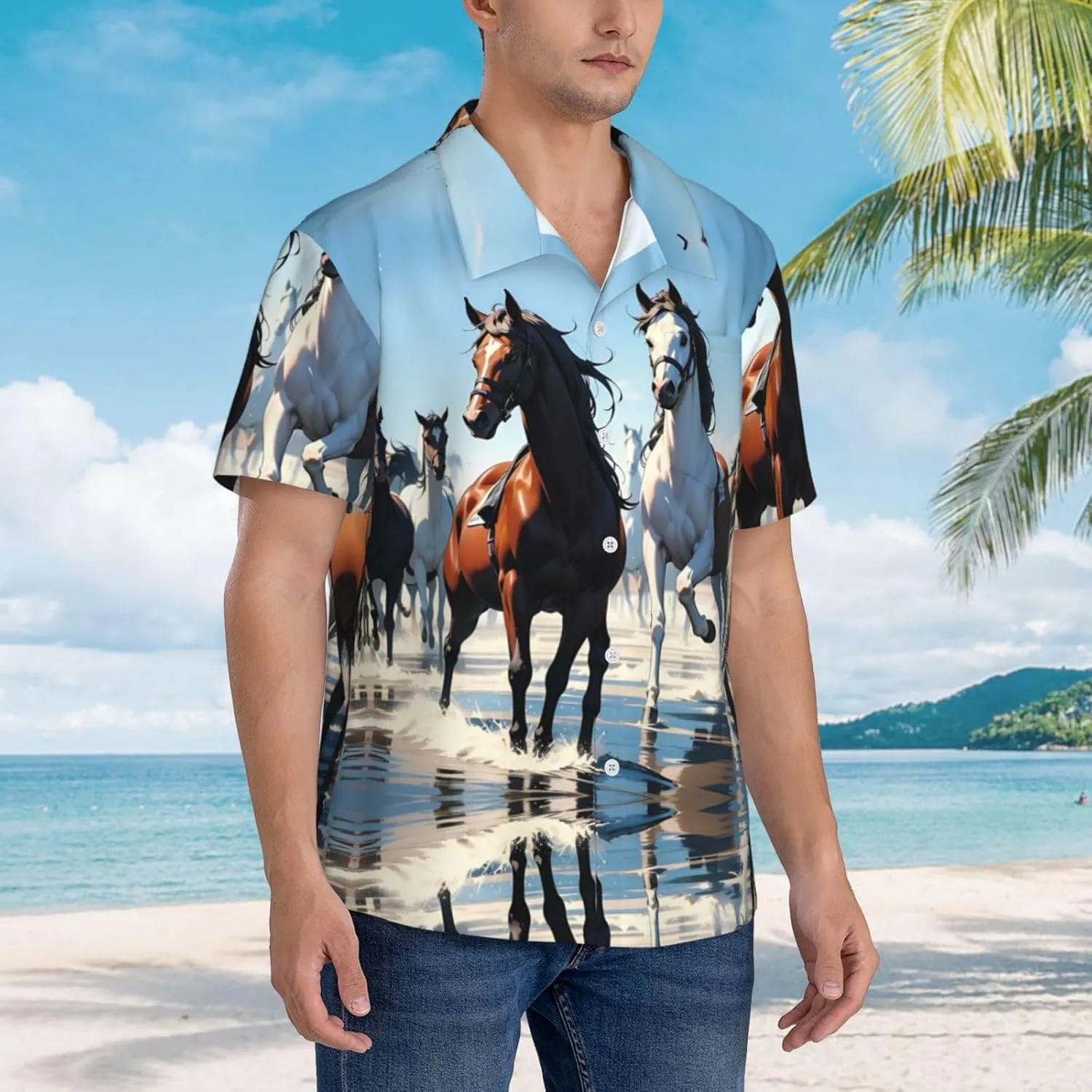 Hawaiian Shirts for Men Funny Mens Summer Short Sleeve Button Down Beach Shirts, Horses Crossing River