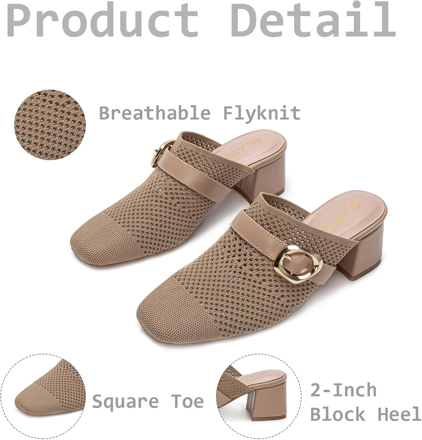 Heeled Mules for Women Comfortable Knit Square Closed Toe Slip On Chunky Heels Slide Sandals Ladies Shoes