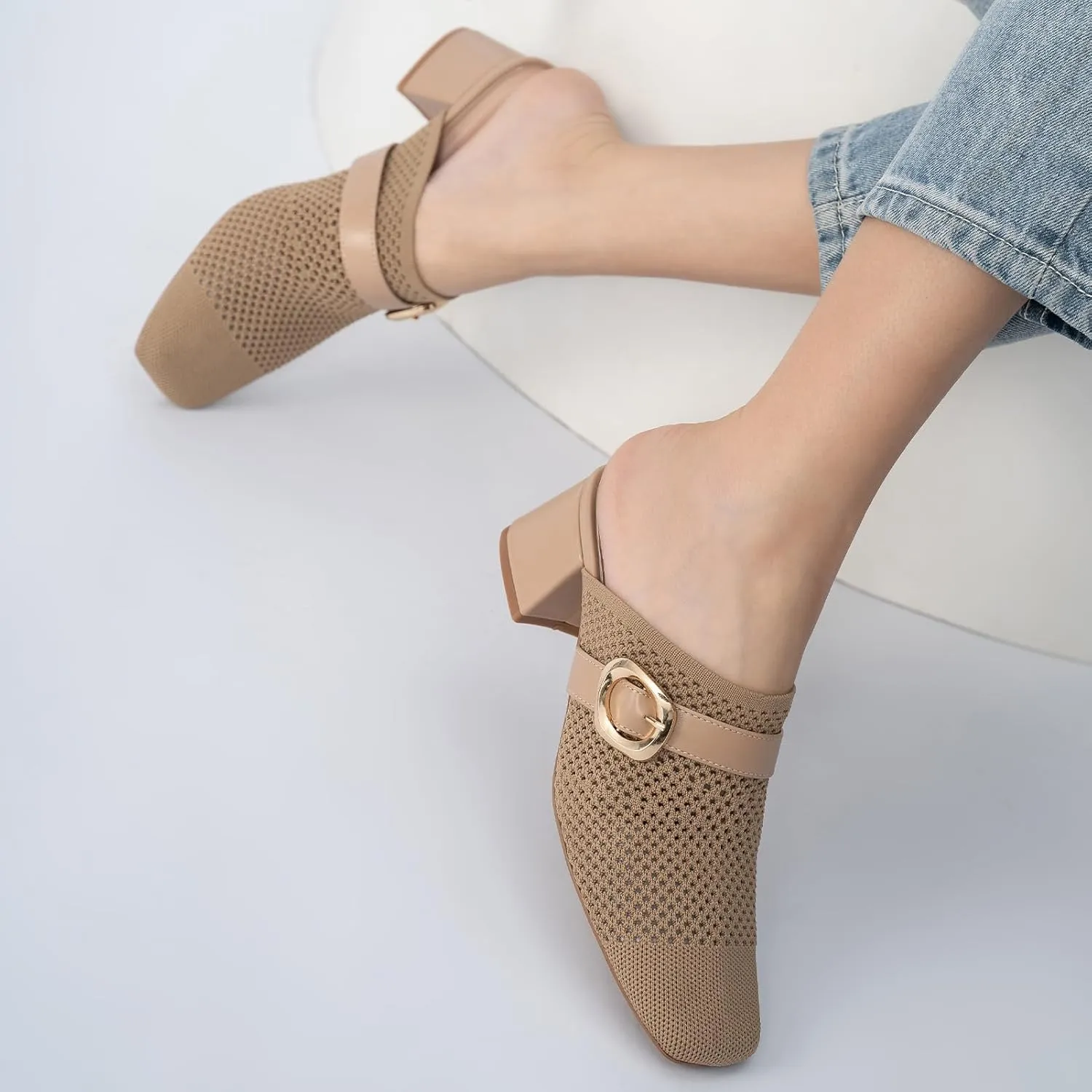 Heeled Mules for Women Comfortable Knit Square Closed Toe Slip On Chunky Heels Slide Sandals Ladies Shoes