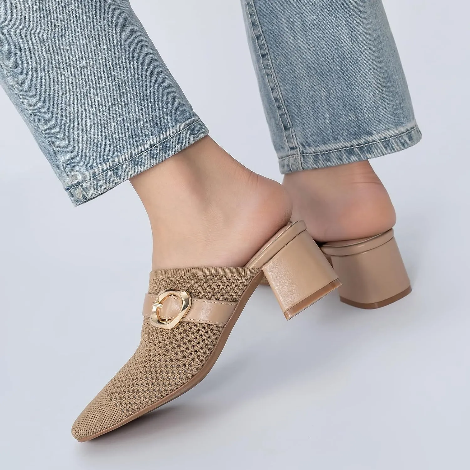 Heeled Mules for Women Comfortable Knit Square Closed Toe Slip On Chunky Heels Slide Sandals Ladies Shoes
