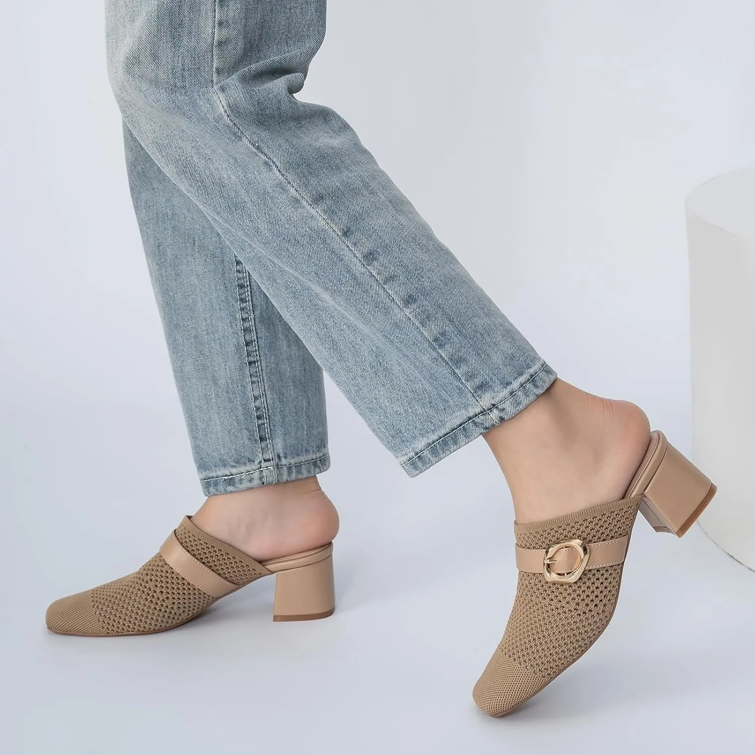 Heeled Mules for Women Comfortable Knit Square Closed Toe Slip On Chunky Heels Slide Sandals Ladies Shoes