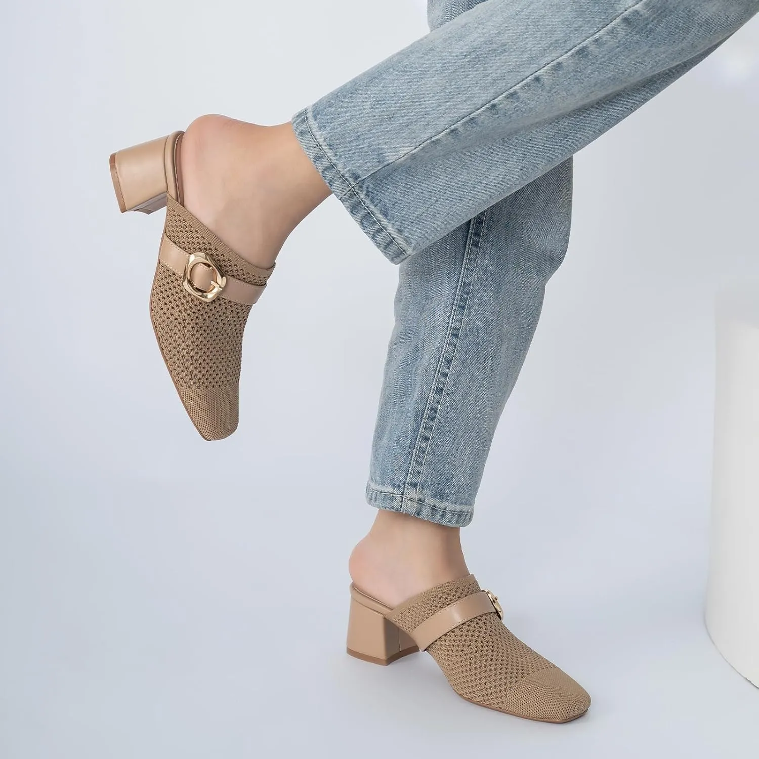 Heeled Mules for Women Comfortable Knit Square Closed Toe Slip On Chunky Heels Slide Sandals Ladies Shoes