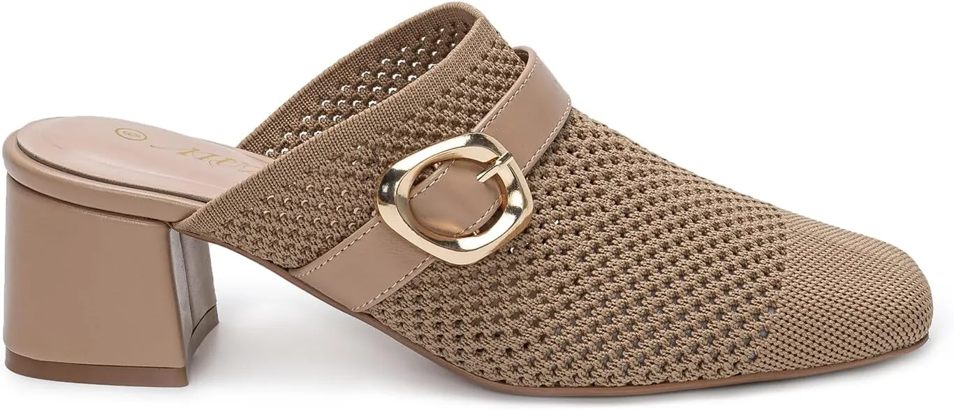 Heeled Mules for Women Comfortable Knit Square Closed Toe Slip On Chunky Heels Slide Sandals Ladies Shoes