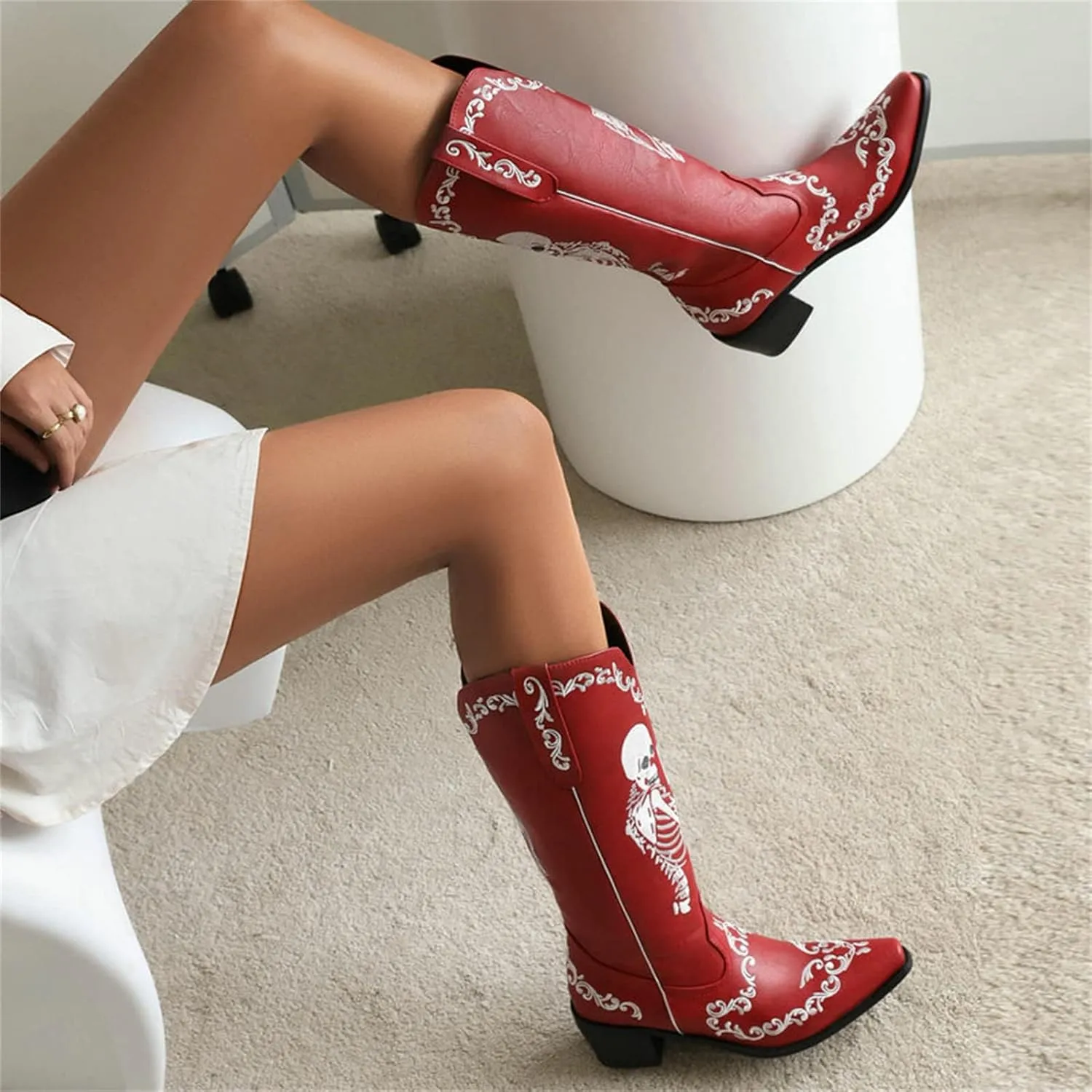 HINDOLA Women's Cowgirl Boots Skull Embroidery Cowboy Mid Calf Boots Western Chunky Block Heel Fashion Pull-On Retro Boots
