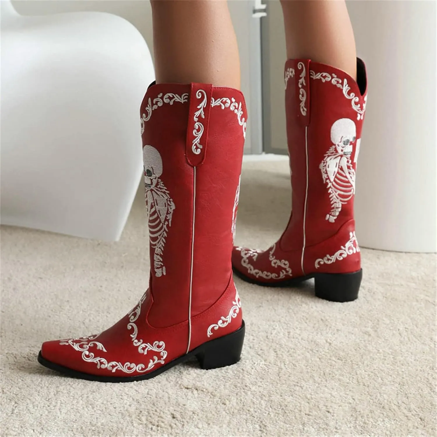 HINDOLA Women's Cowgirl Boots Skull Embroidery Cowboy Mid Calf Boots Western Chunky Block Heel Fashion Pull-On Retro Boots