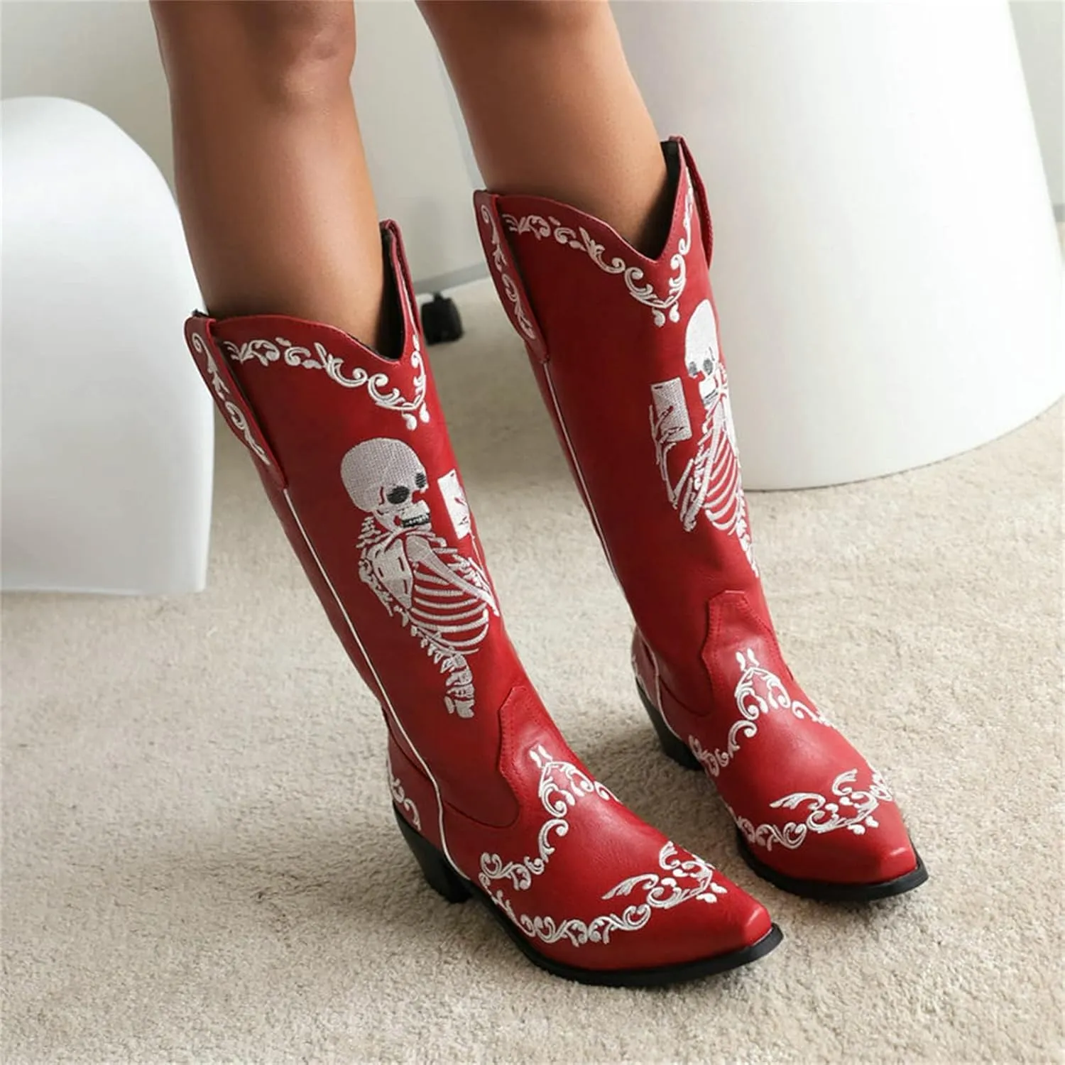 HINDOLA Women's Cowgirl Boots Skull Embroidery Cowboy Mid Calf Boots Western Chunky Block Heel Fashion Pull-On Retro Boots