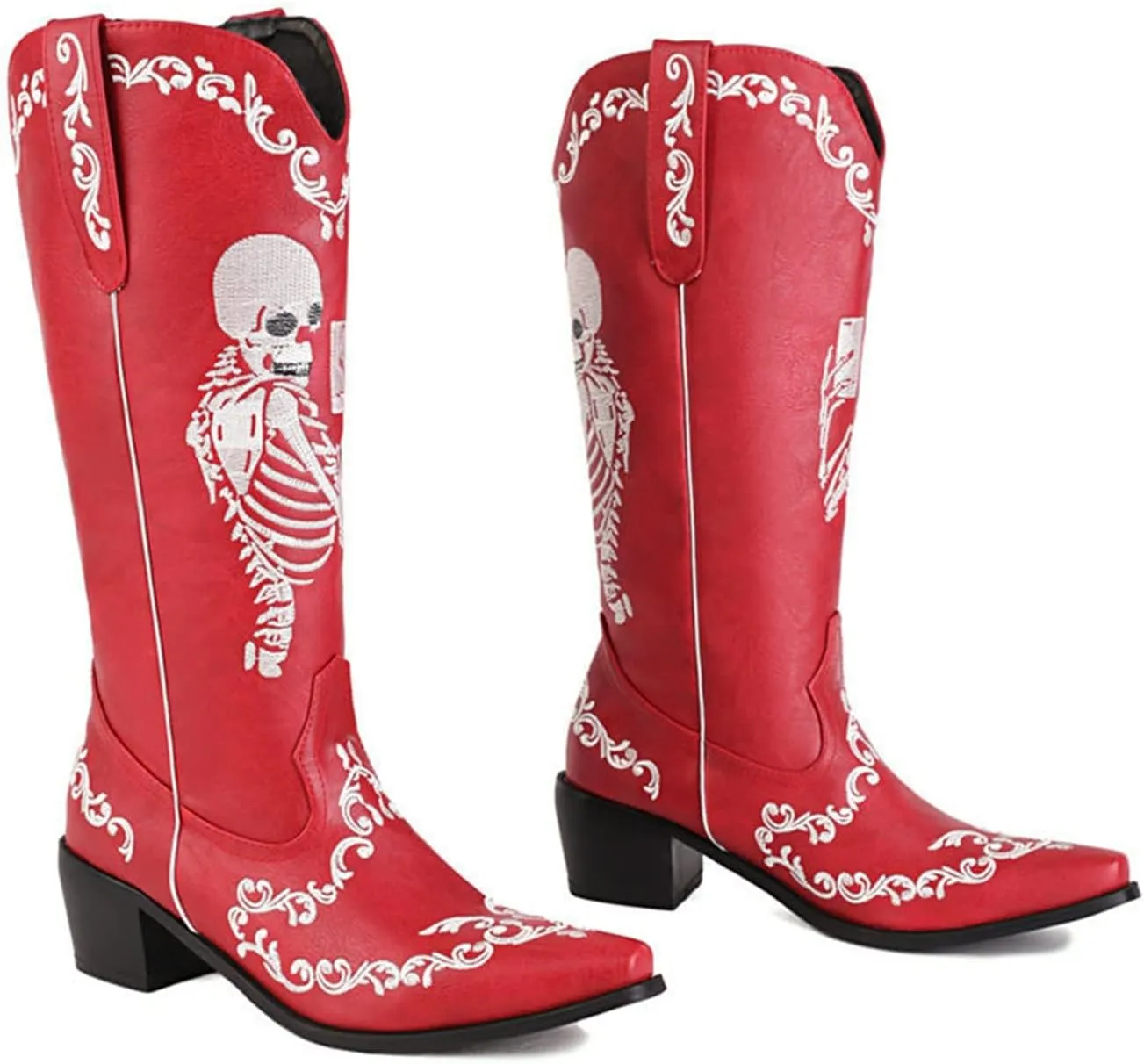 HINDOLA Women's Cowgirl Boots Skull Embroidery Cowboy Mid Calf Boots Western Chunky Block Heel Fashion Pull-On Retro Boots