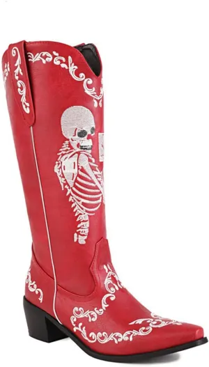 HINDOLA Women's Cowgirl Boots Skull Embroidery Cowboy Mid Calf Boots Western Chunky Block Heel Fashion Pull-On Retro Boots