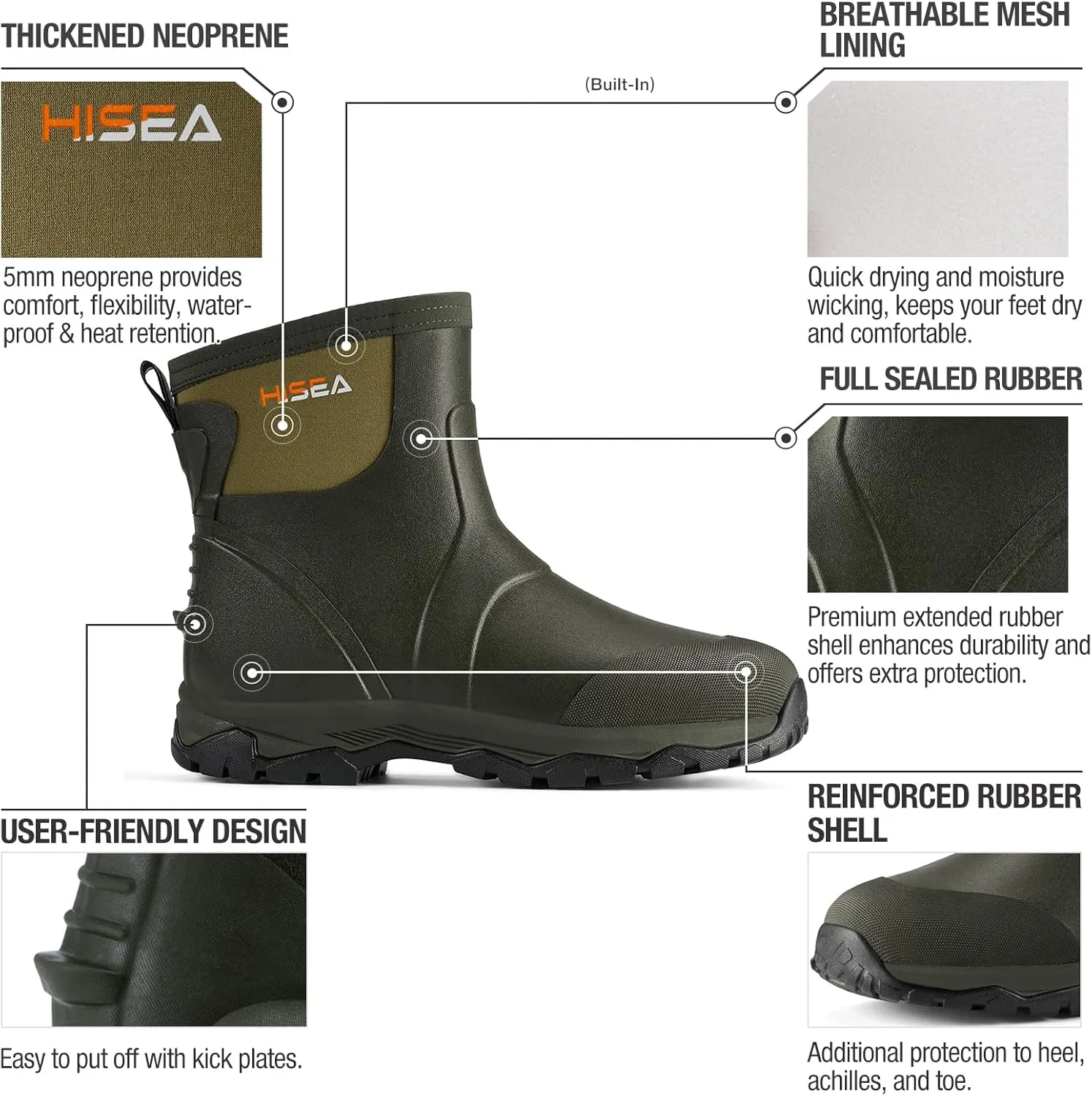 HISEA Upgraded Excursion Pro Men's Rain Boots, Ankle Height Rubber Hunting Boots Waterproof Insulated Neoprene Boots Durable Outdoor Mud Booties for Hunting Gardening Farming Fishing and Yard Work