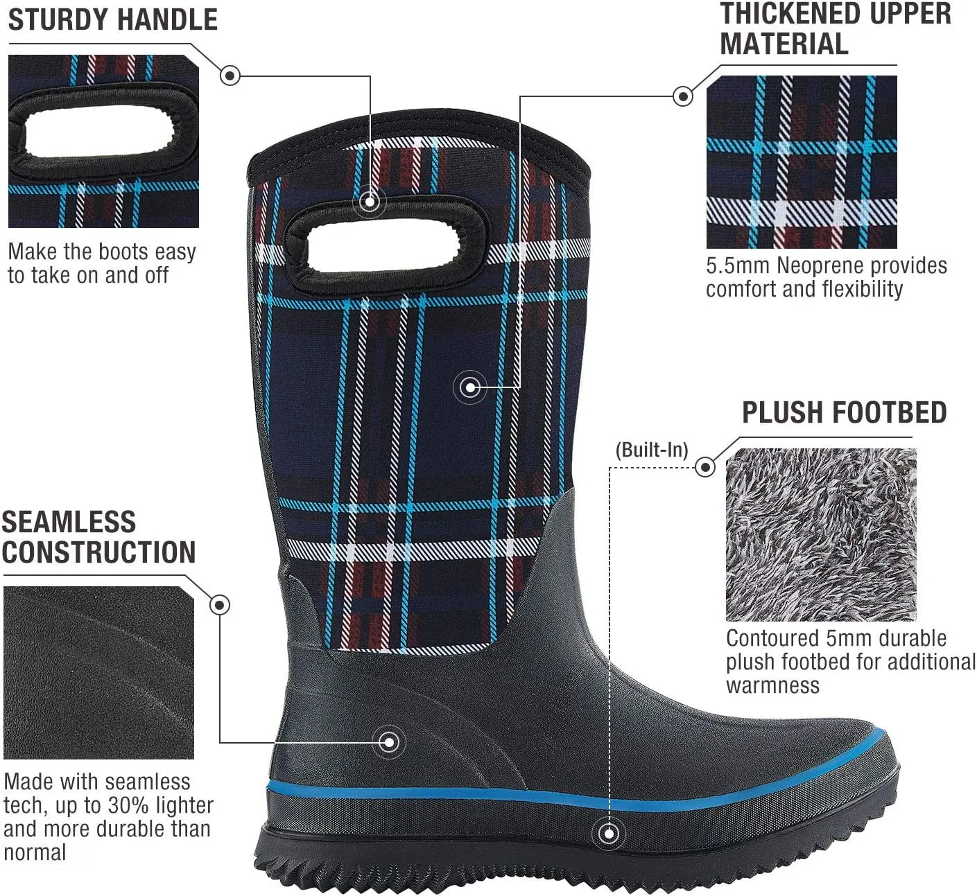 HISEA Women Mud Boots, Neoprene Rubber Garden Shoes Waterproof Mid Calf Rain Boots for Outdoor