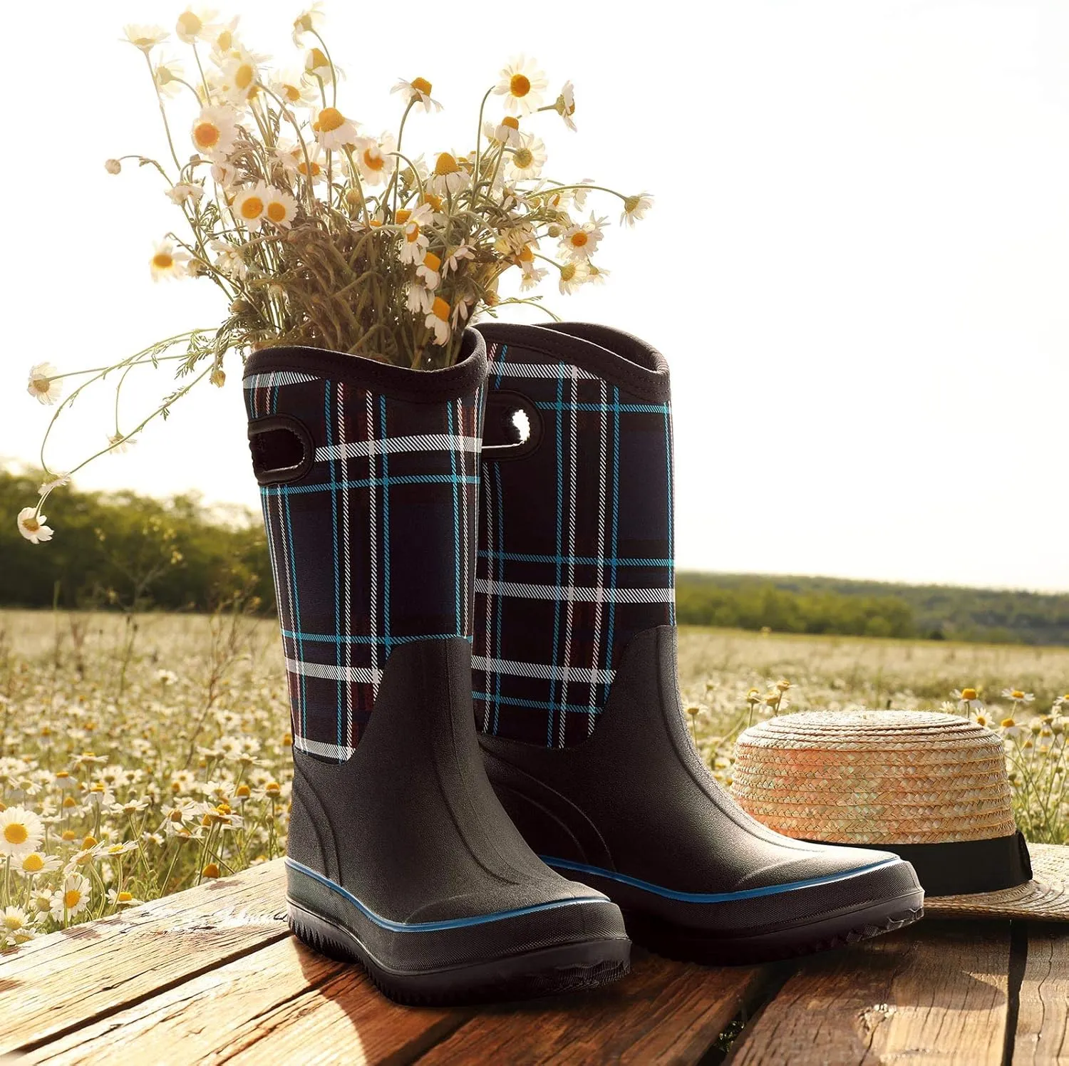 HISEA Women Mud Boots, Neoprene Rubber Garden Shoes Waterproof Mid Calf Rain Boots for Outdoor