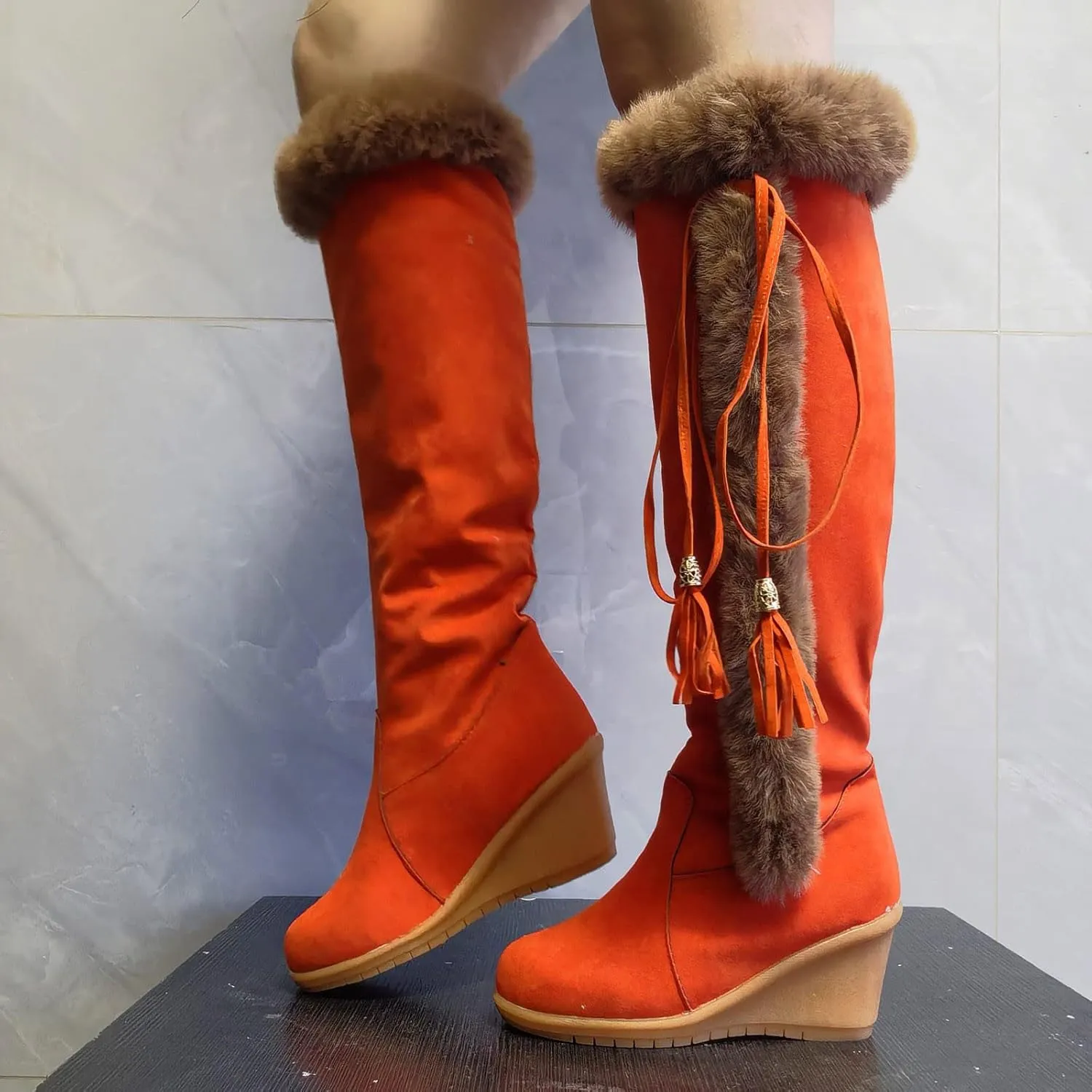 hlysgo Women's Winter Warm Outdoor Long Boots High Heels Fashion Wedge Bootie Faux Fur Comfortable Knee High Fuzzy Boot