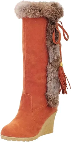 hlysgo Women's Winter Warm Outdoor Long Boots High Heels Fashion Wedge Bootie Faux Fur Comfortable Knee High Fuzzy Boot