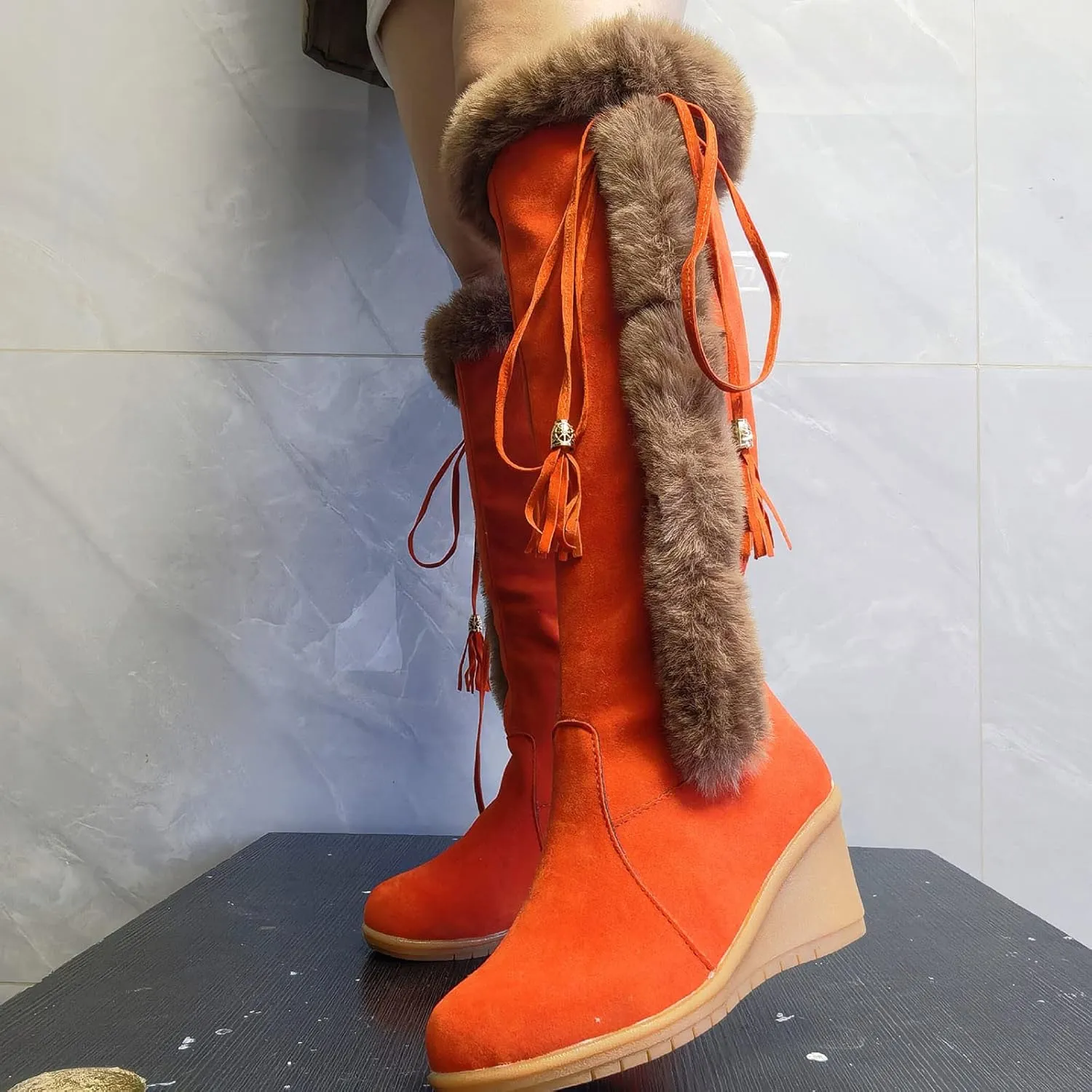 hlysgo Women's Winter Warm Outdoor Long Boots High Heels Fashion Wedge Bootie Faux Fur Comfortable Knee High Fuzzy Boot