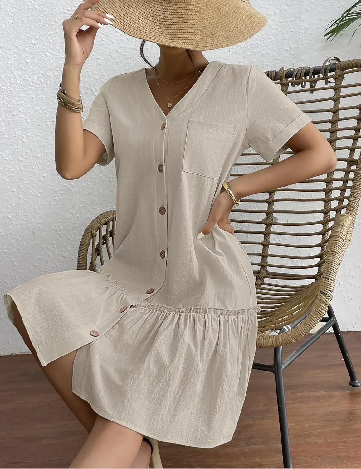 HOTOUCH Women Button Down Dress Loose Summer Cotton Linen Dress Ruffle Hem Casual Dress Short Sleeve Tunic Dress