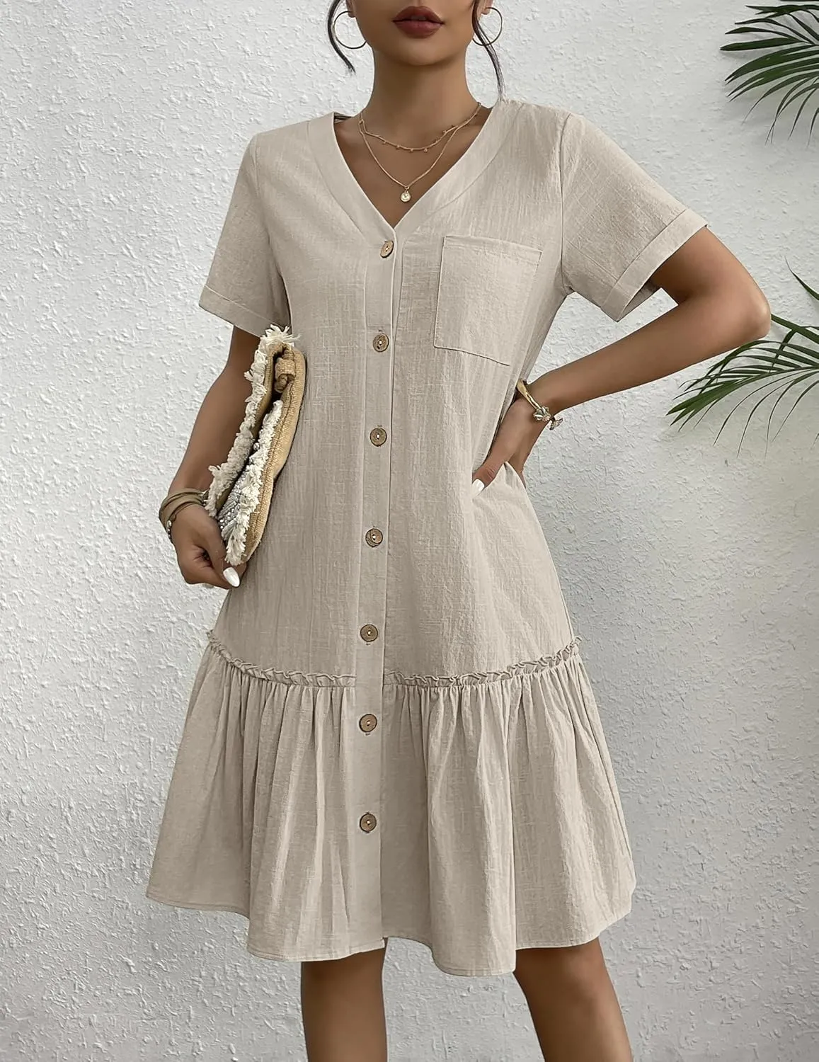 HOTOUCH Women Button Down Dress Loose Summer Cotton Linen Dress Ruffle Hem Casual Dress Short Sleeve Tunic Dress