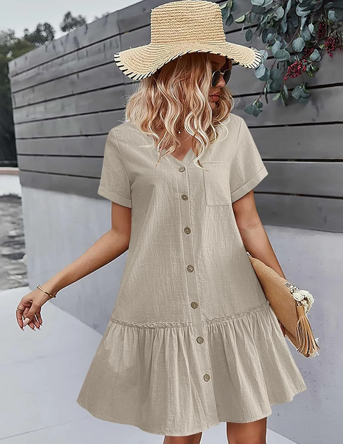 HOTOUCH Women Button Down Dress Loose Summer Cotton Linen Dress Ruffle Hem Casual Dress Short Sleeve Tunic Dress