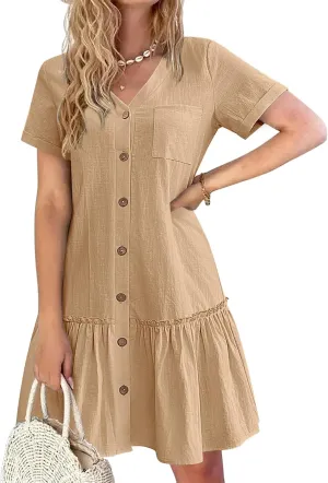 HOTOUCH Women Button Down Dress Loose Summer Cotton Linen Dress Ruffle Hem Casual Dress Short Sleeve Tunic Dress