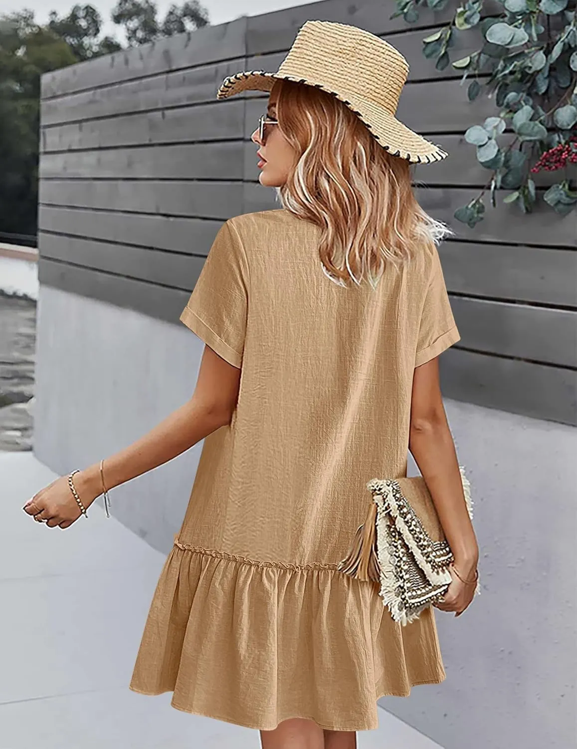HOTOUCH Women Button Down Dress Loose Summer Cotton Linen Dress Ruffle Hem Casual Dress Short Sleeve Tunic Dress